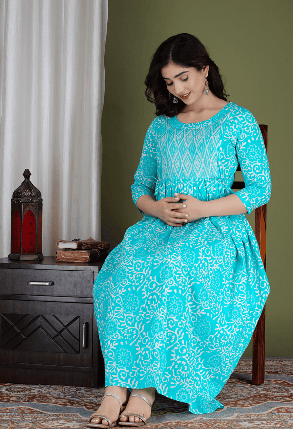 Turquoise Blue Floral Printed Viscose Rayon Maternity & Feeding Maxi Dress