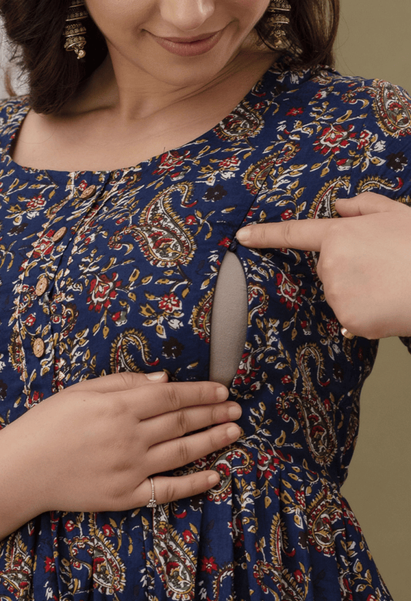 Navy Blue Paisley Printed Viscose Rayon Maternity & Feeding Maxi Dress