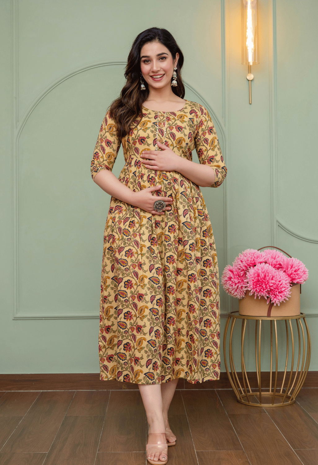 Beige Paisley Floral Printed Viscose Rayon Maternity & Feeding Maxi Dress