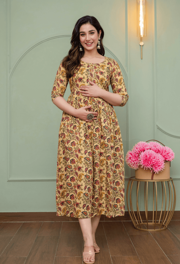 Beige Paisley Floral Printed Viscose Rayon Maternity & Feeding Maxi Dress