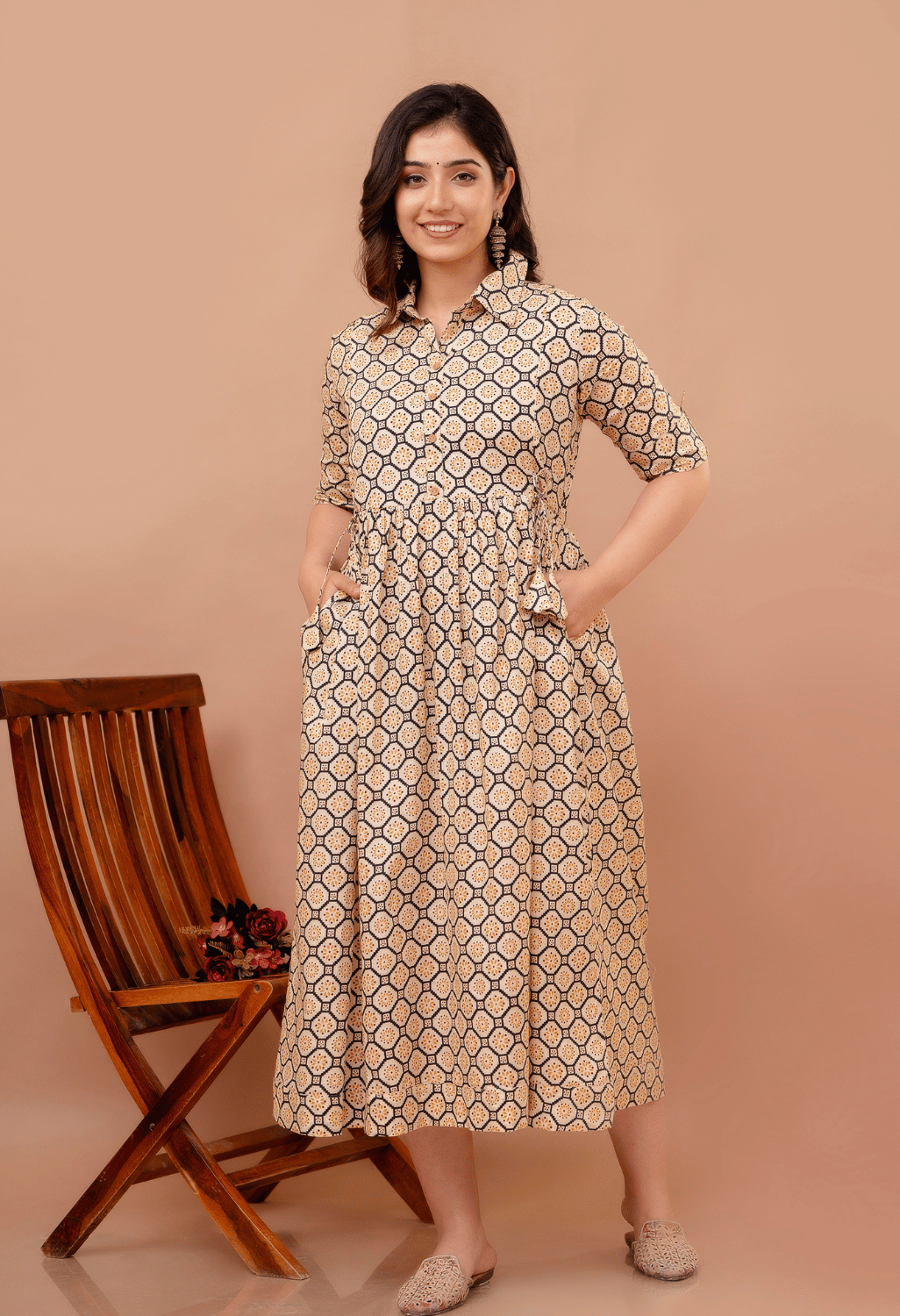 Beige Geometric Hexagon Printed Collared Viscose Rayon Maternity & Feeding Maxi Dress