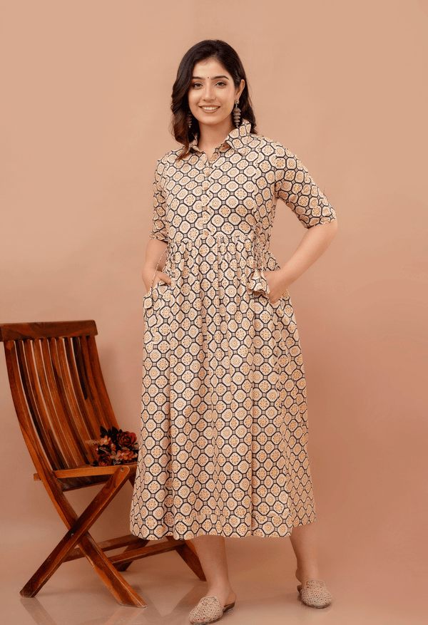 Beige Geometric Hexagon Printed Collared Viscose Rayon Maternity & Feeding Maxi Dress
