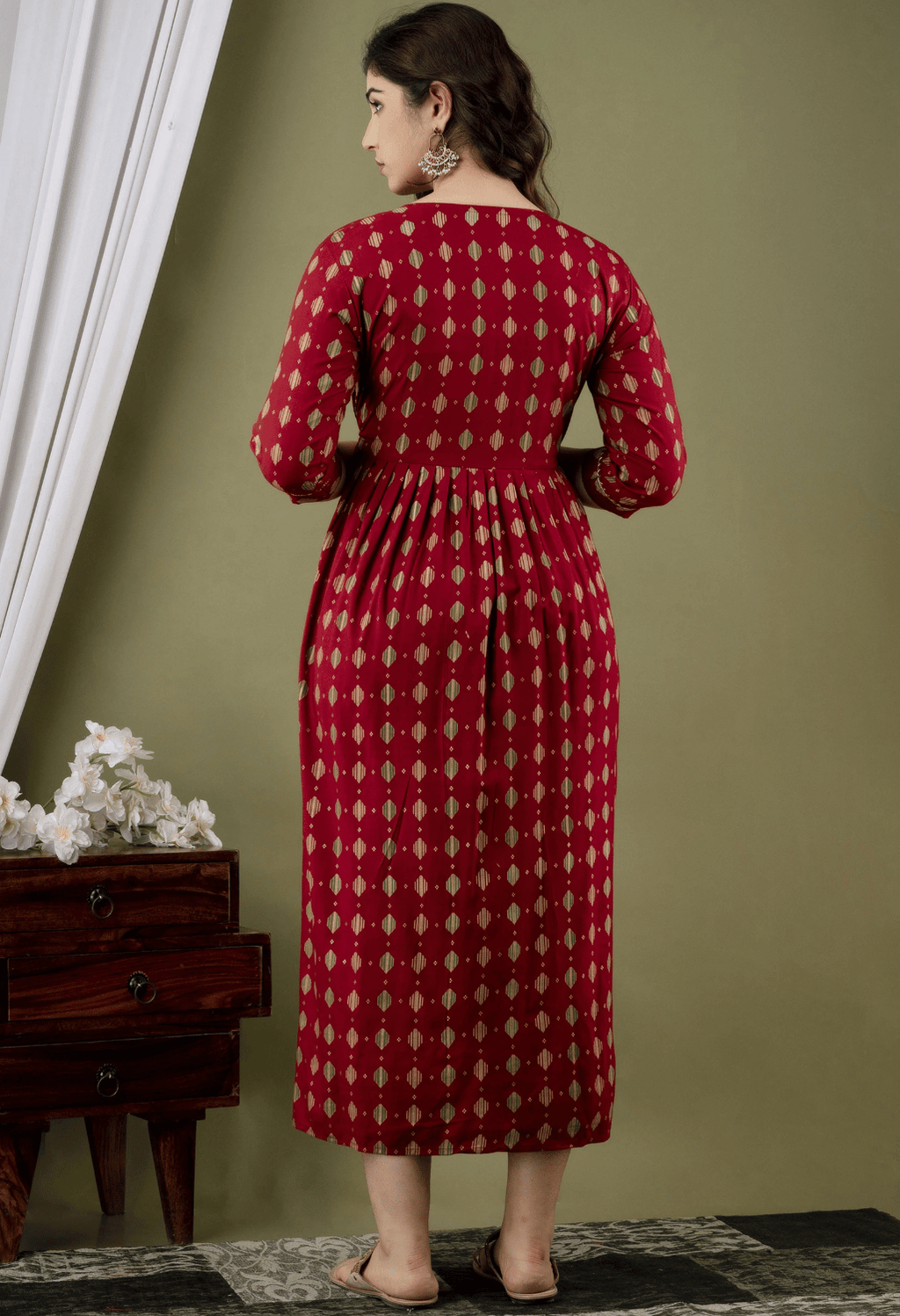 Maroon Geometric Printed Viscose Rayon Maternity & Feeding Maxi Dress
