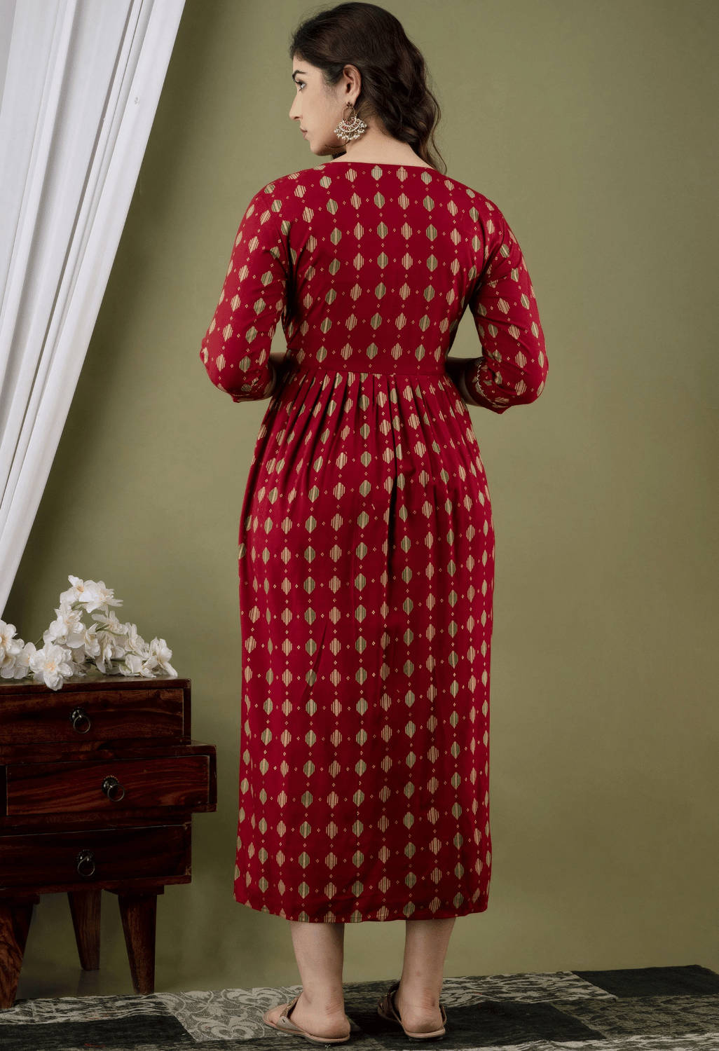 Maroon Geometric Printed Viscose Rayon Maternity & Feeding Maxi Dress
