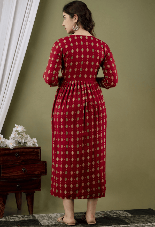 Maroon Geometric Printed Viscose Rayon Maternity & Feeding Maxi Dress