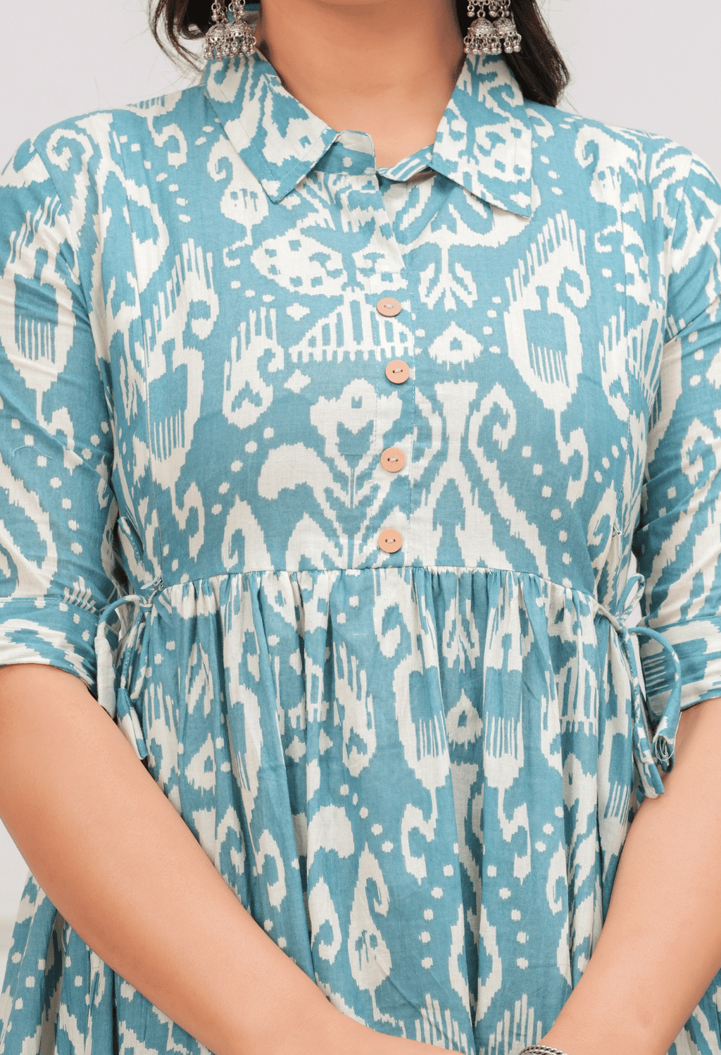 Sky Blue Ikat Printed Collared Viscose Rayon Maternity & Feeding Midi Dress