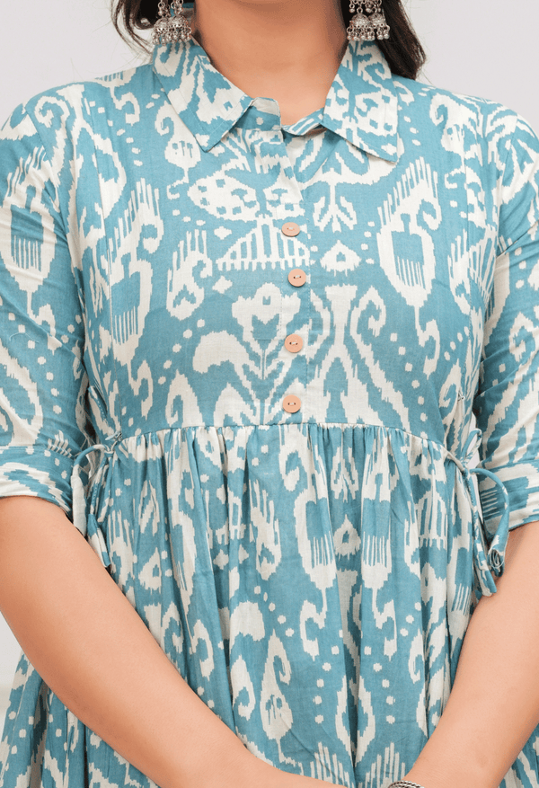 Sky Blue Ikat Printed Collared Viscose Rayon Maternity & Feeding Midi Dress