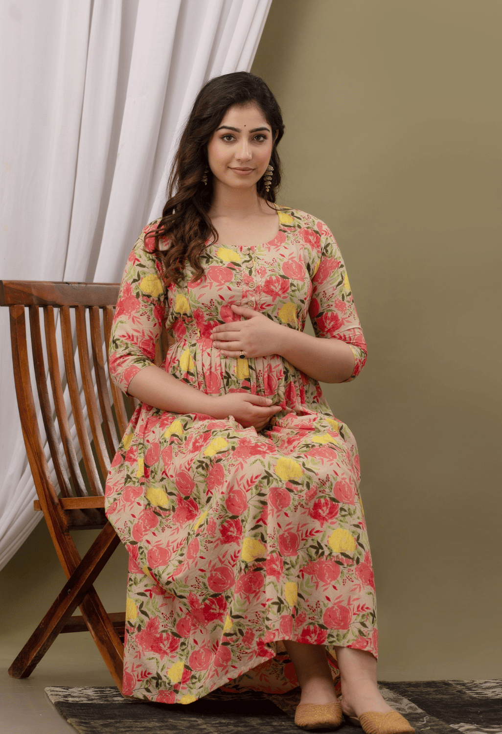 Beige Floral Printed Viscose Rayon Maternity & Feeding Maxi Dress