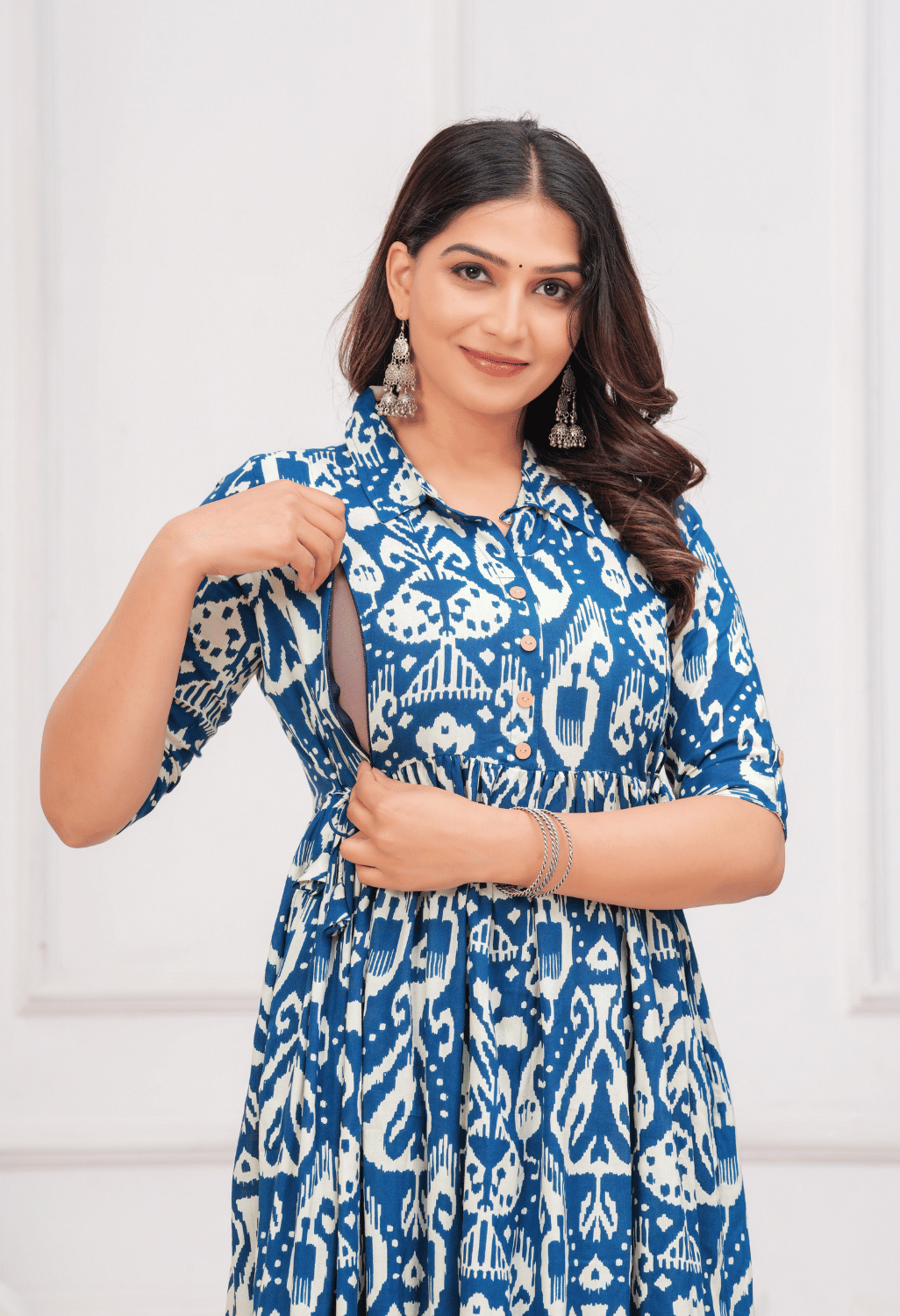 Royal Blue Ikat Printed Collared Viscose Rayon Maternity & Feeding Midi Dress