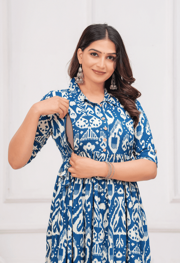 Royal Blue Ikat Printed Collared Viscose Rayon Maternity & Feeding Midi Dress