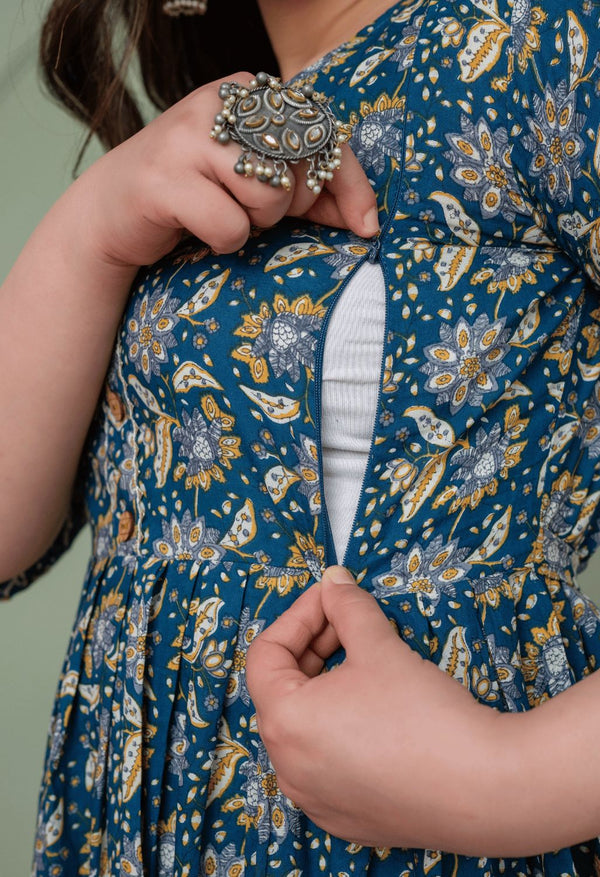 Teal Blue Vintage Floral Printed Viscose Rayon Maternity & Feeding Maxi Dress