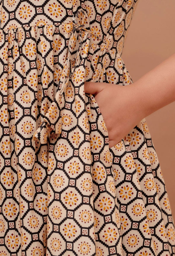 Beige Geometric Hexagon Printed Collared Viscose Rayon Maternity & Feeding Maxi Dress