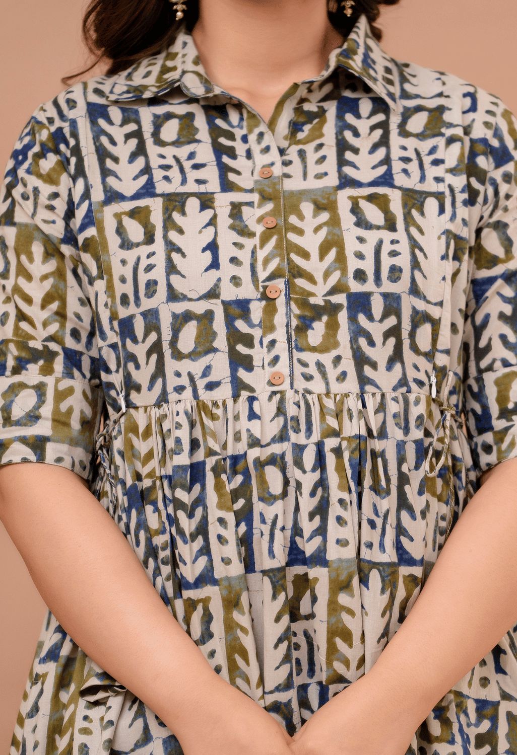 White Abstract Block Printed Collared Viscose Rayon Maternity & Feeding Maxi Dress