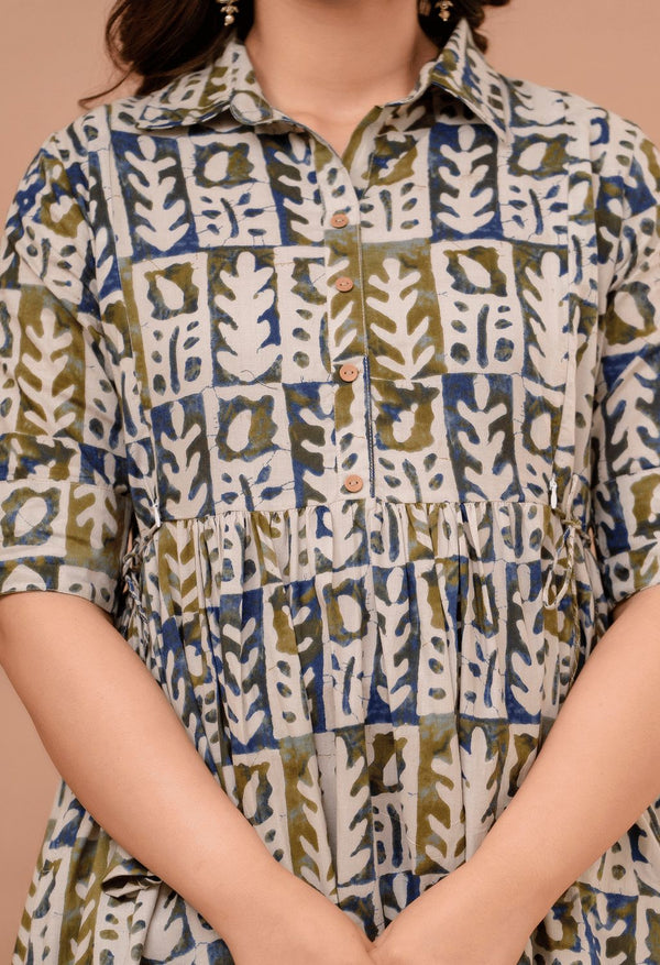 White Abstract Block Printed Collared Viscose Rayon Maternity & Feeding Maxi Dress