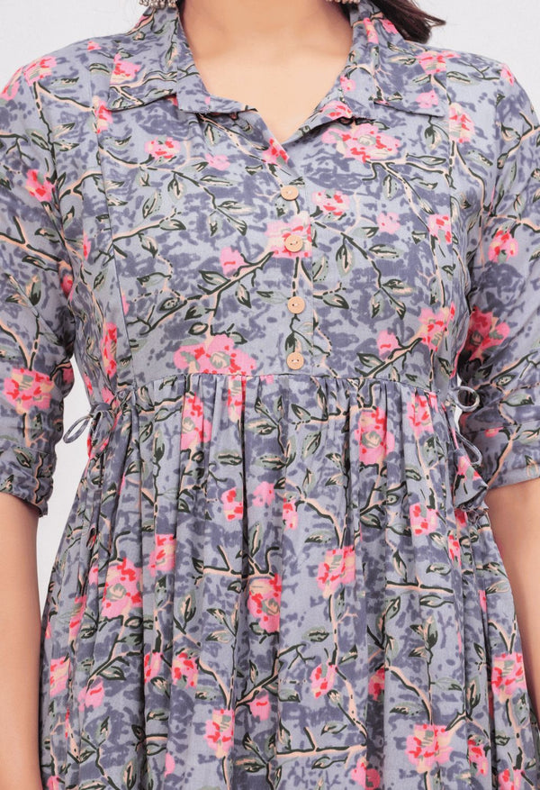 Grey Floral Printed Collared Viscose Rayon Maternity & Feeding Midi Dress