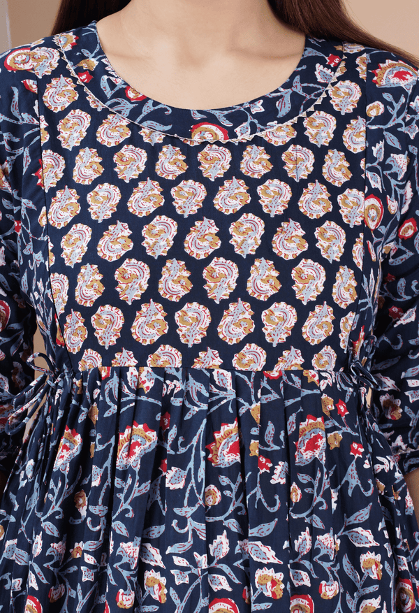 Navy Blue Floral Printed Viscose Rayon Maternity & Feeding Midi Dress
