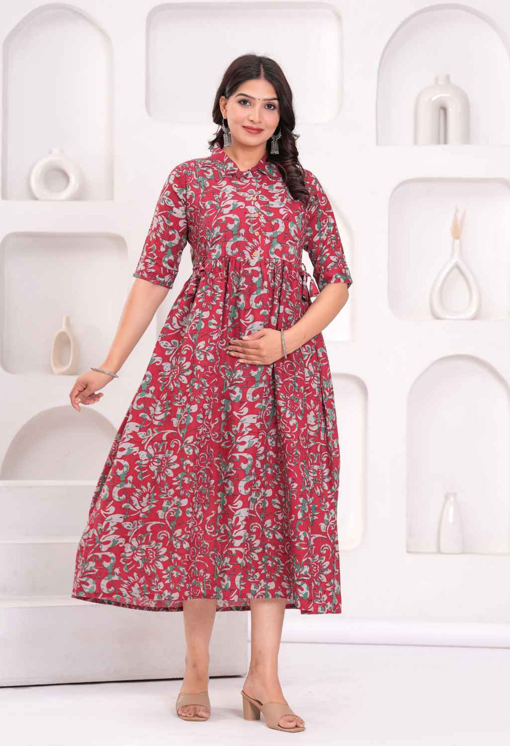 Rose Pink Floral Printed Collared Viscose Rayon Maternity & Feeding Midi Dress