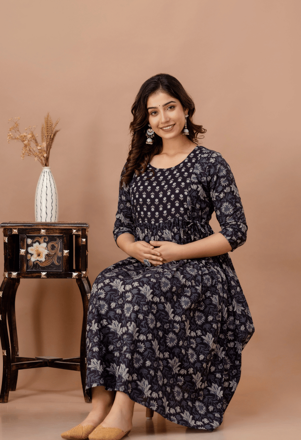 Black Printed Viscose Rayon Maternity & Feeding Maxi Dress