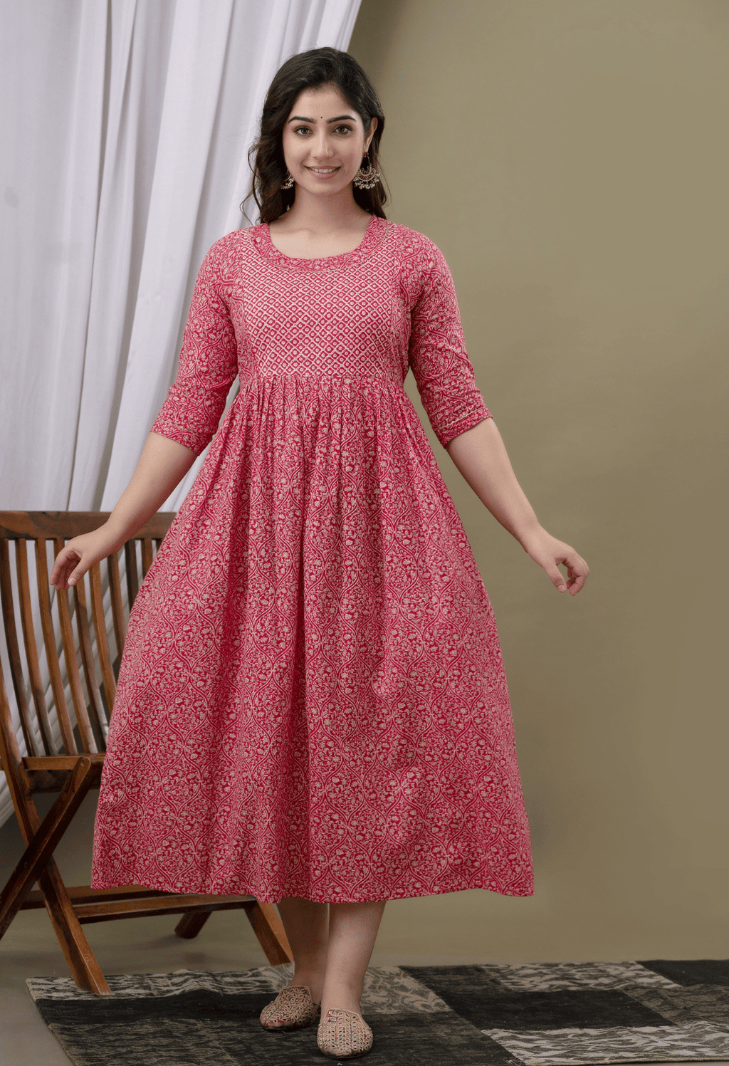 Rose Pink Printed Viscose Rayon Maternity & Feeding Maxi Dress