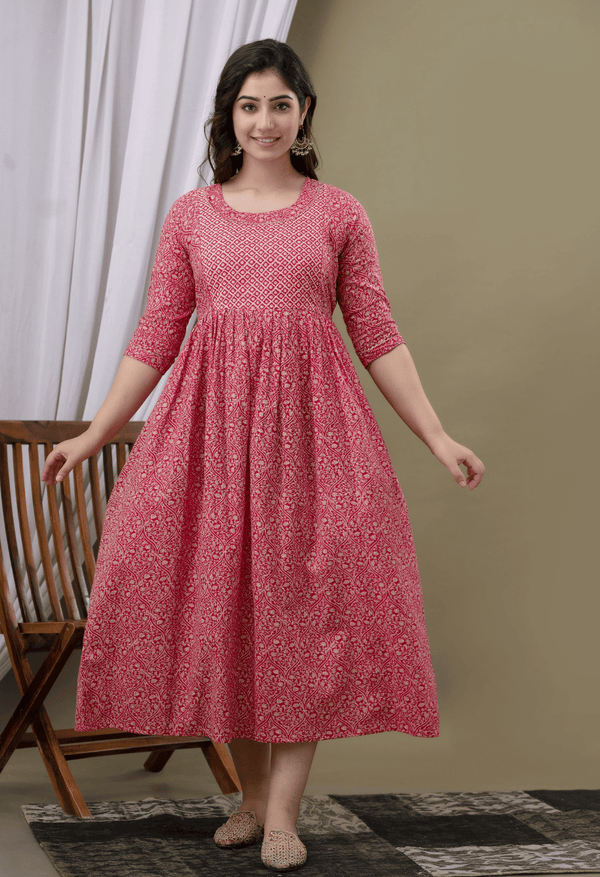 Rose Pink Printed Viscose Rayon Maternity & Feeding Maxi Dress
