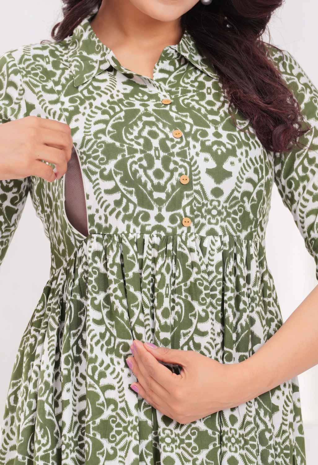 Olive Green Abstract Printed Collared Viscose Rayon Maternity & Feeding Midi Dress