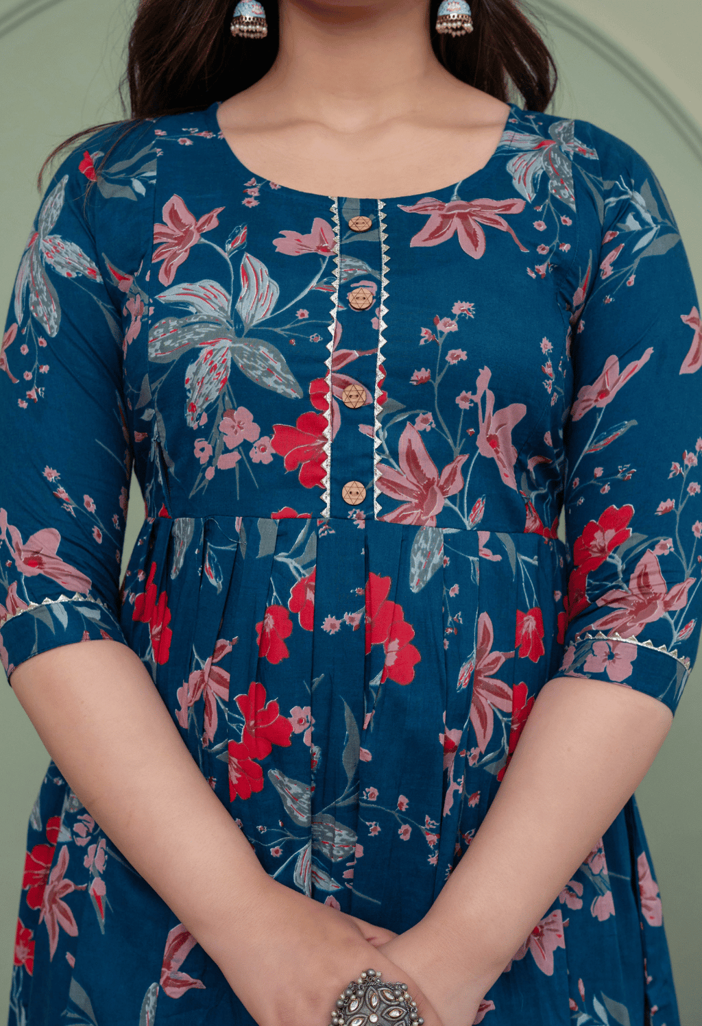 Navy Blue Botanical Floral Printed Viscose Rayon Maternity & Feeding Maxi Dress