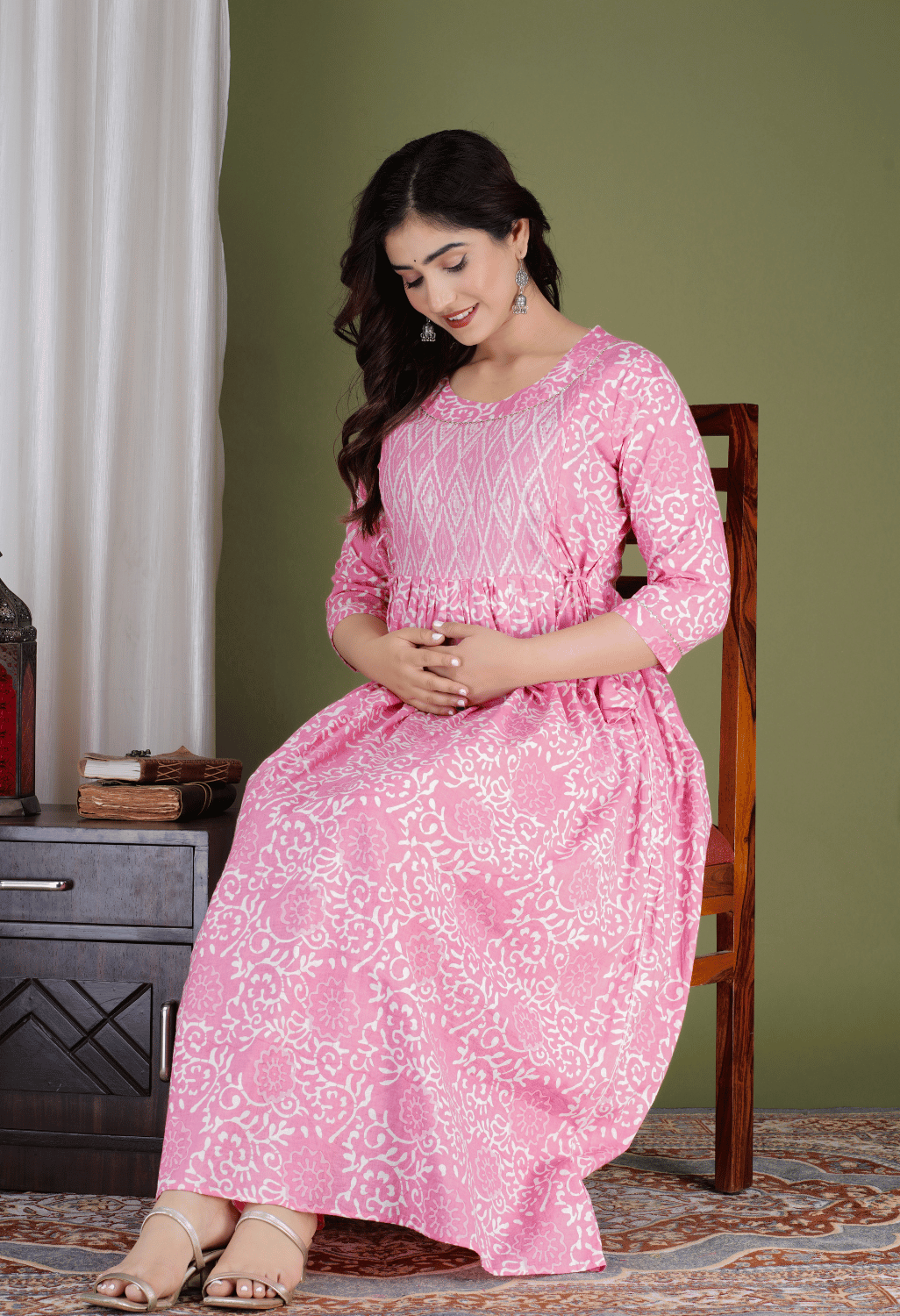 Pink & White Floral Printed Viscose Rayon Maternity & Feeding Midi Dress