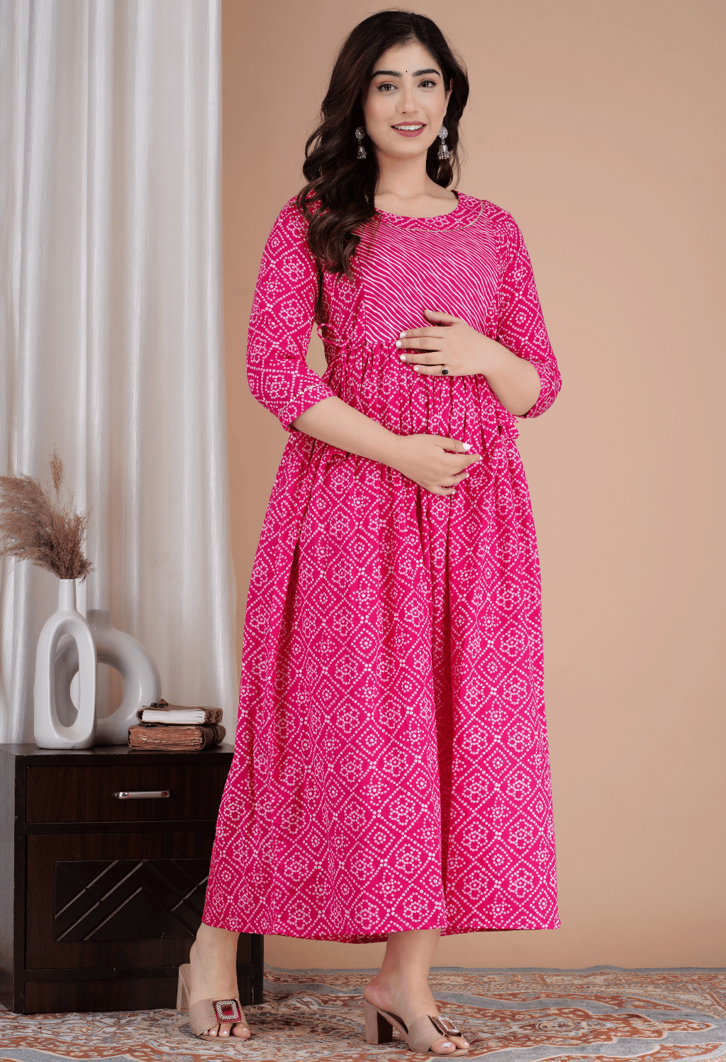 Pink Bandhani Printed Viscose Rayon Maternity & Feeding Maxi Dress
