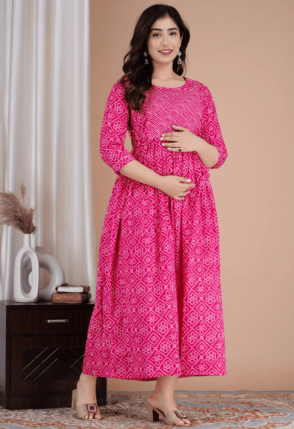 Pink Bandhani Printed Viscose Rayon Maternity & Feeding Maxi Dress