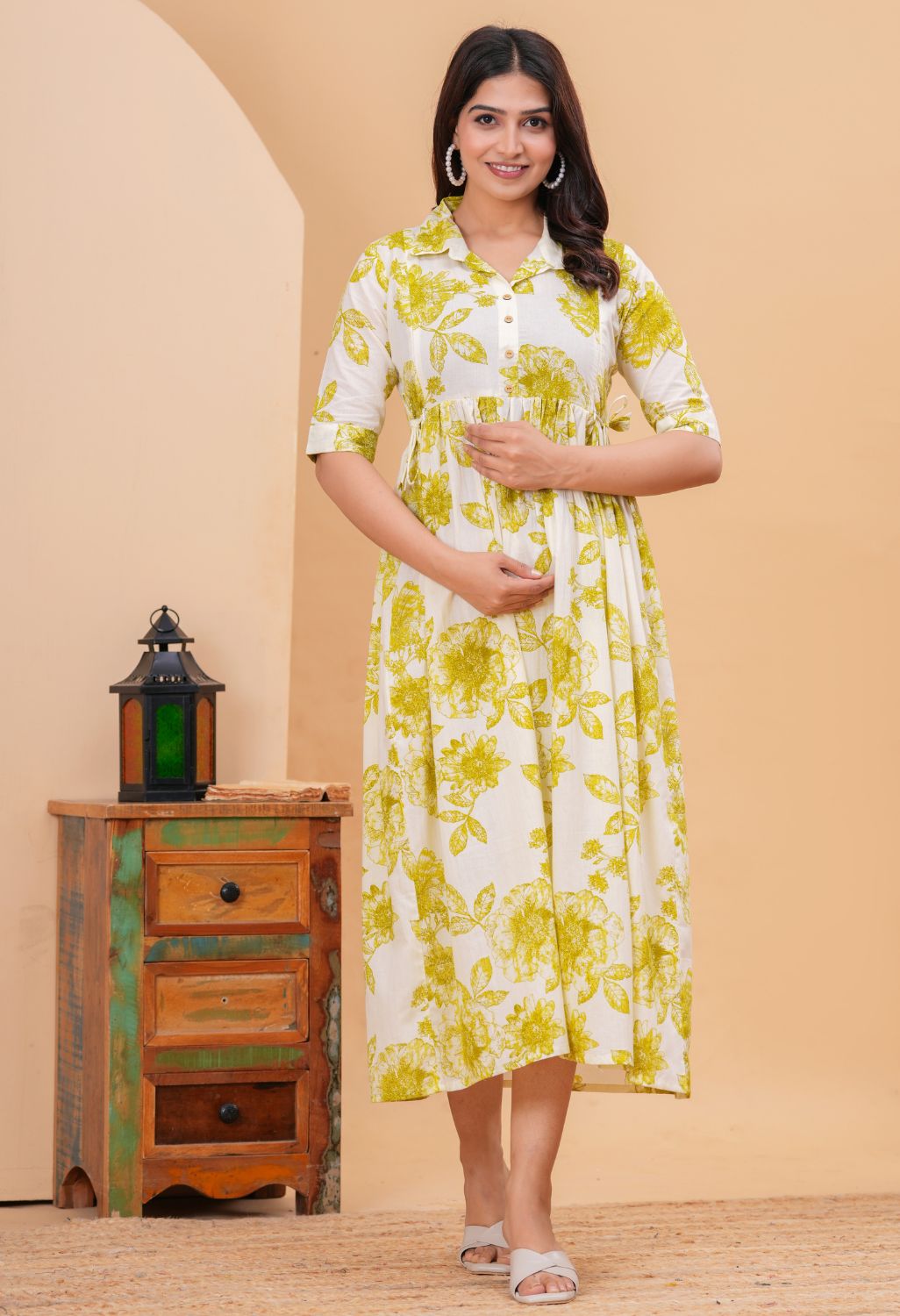 White & Mustard Floral Printed Collared Viscose Rayon Maternity & Feeding Midi Dress Secondary image