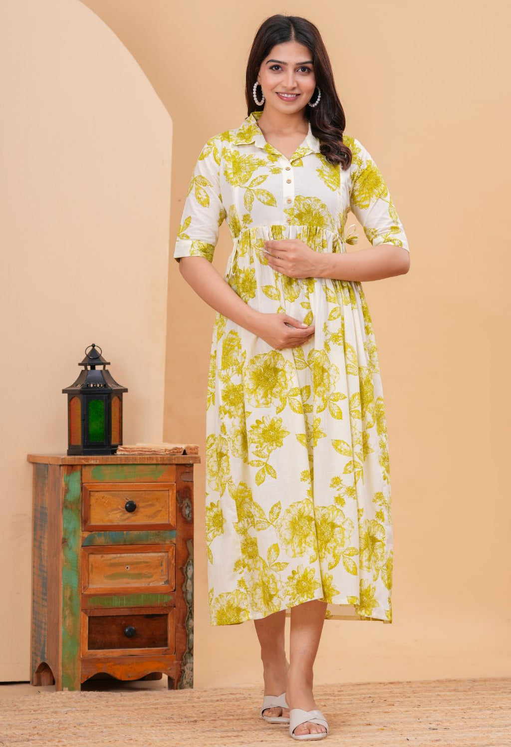 White & Mustard Floral Printed Collared Viscose Rayon Maternity & Feeding Midi Dress