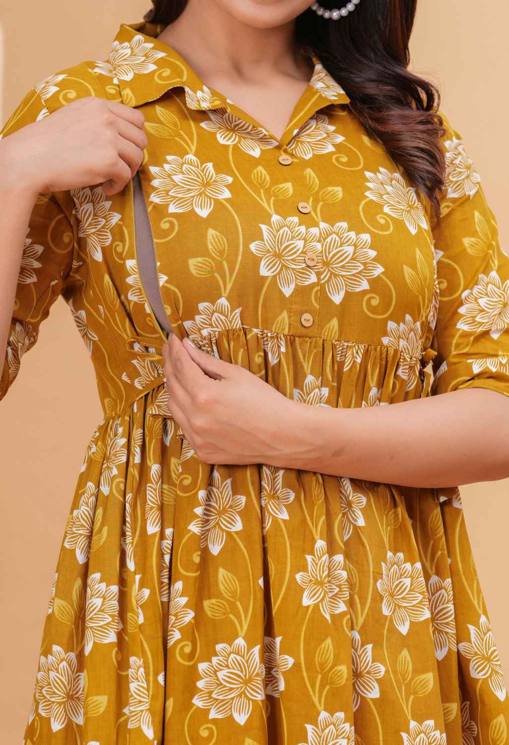 Mustard Floral Printed Collared Viscose Rayon Maternity & Feeding Midi Dress
