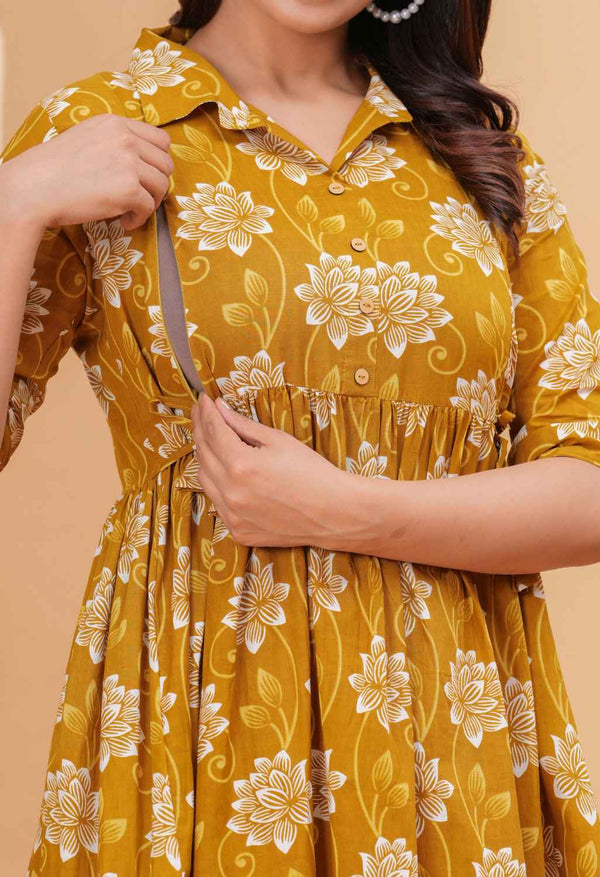 Mustard Floral Printed Collared Viscose Rayon Maternity & Feeding Midi Dress