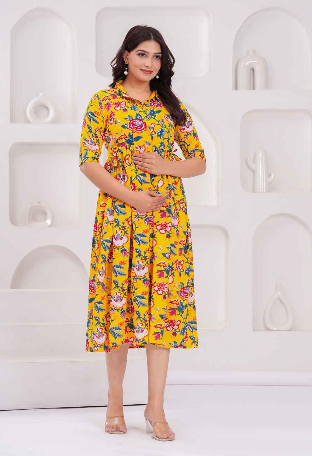 Mustard Yellow Floral Printed Collared Viscose Rayon Maternity & Feeding Midi Dress