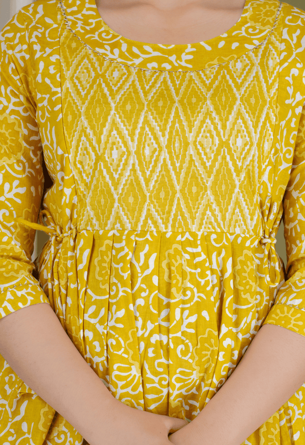 Mustard Yellow Floral Printed Viscose Rayon Maternity & Feeding Maxi Dress
