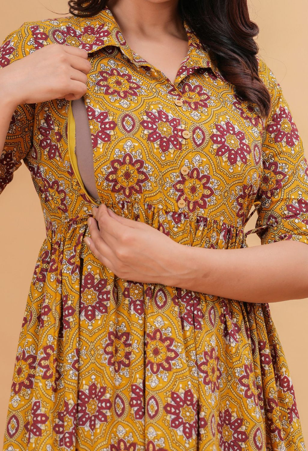Mustard Ethnic Printed Collared Viscose Rayon Maternity & Feeding Midi Dress