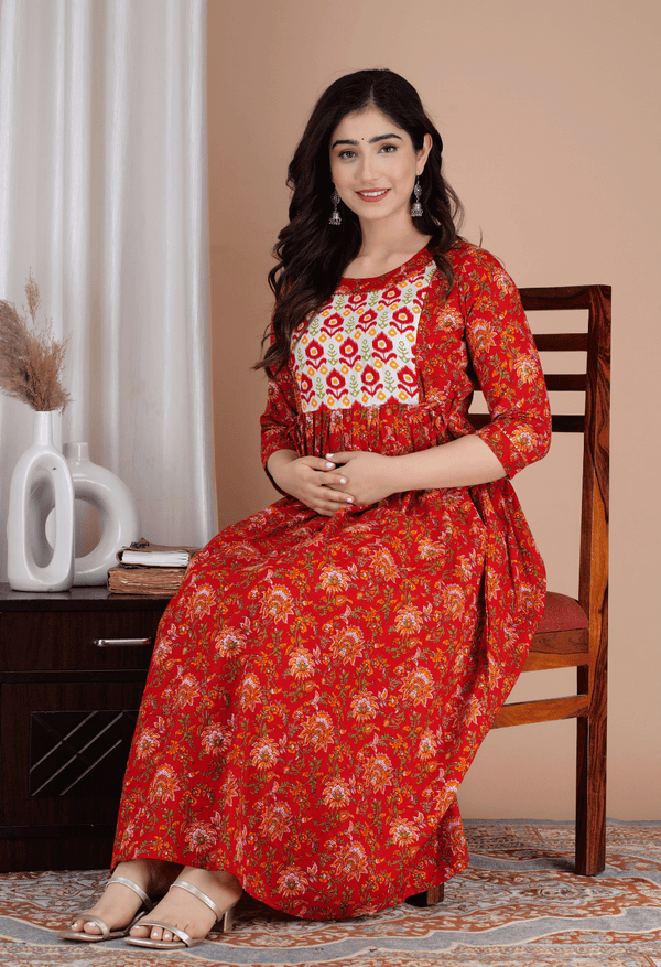 Rust Red Floral Printed Viscose Rayon Maternity & Feeding Maxi Dress