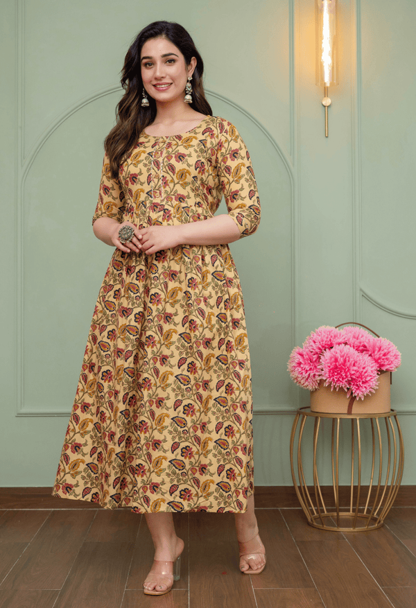Beige Paisley Floral Printed Viscose Rayon Maternity & Feeding Maxi Dress