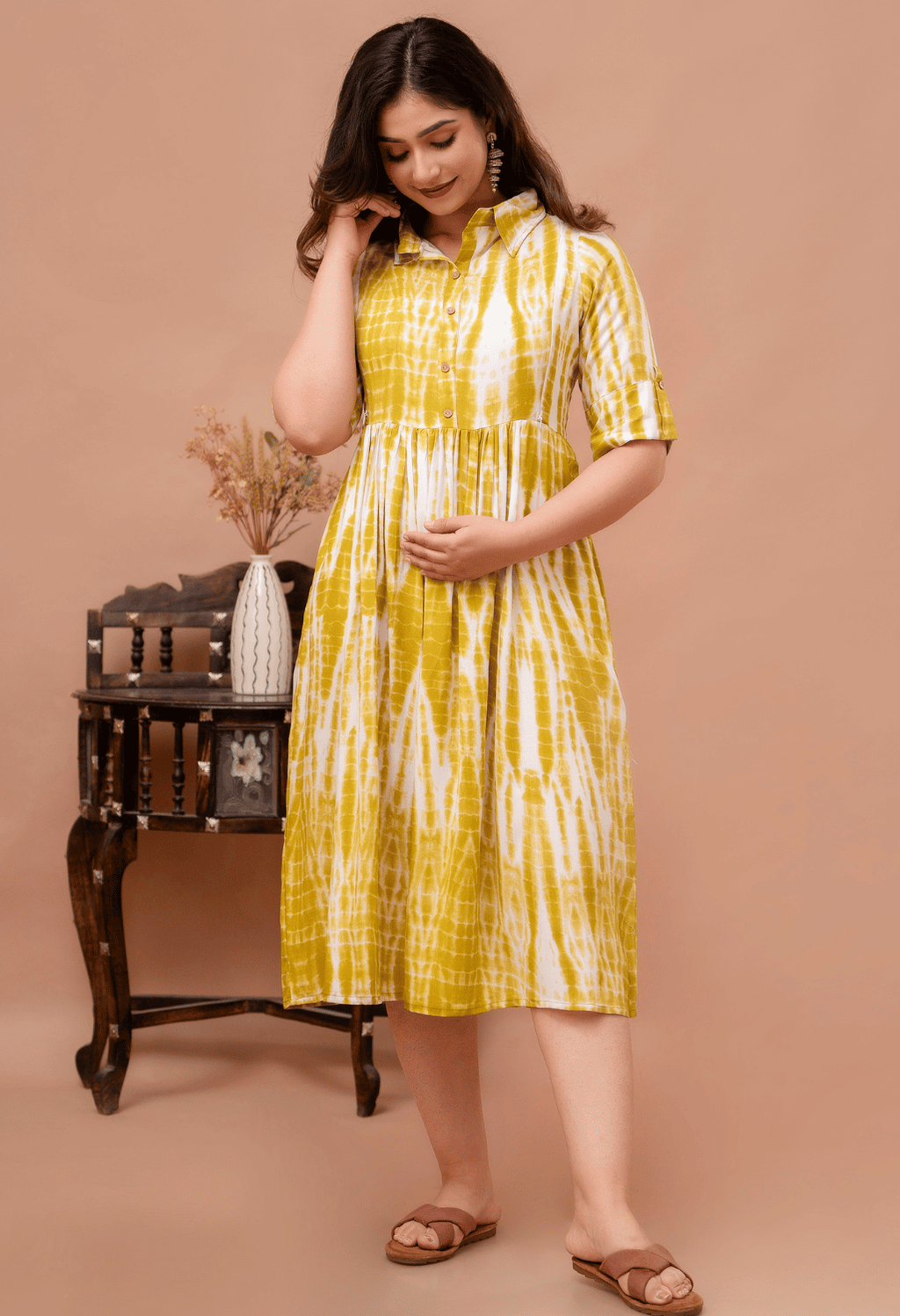 Mustard Yellow Shibori Printed Collared Viscose Rayon Maternity & Feeding Midi Dress