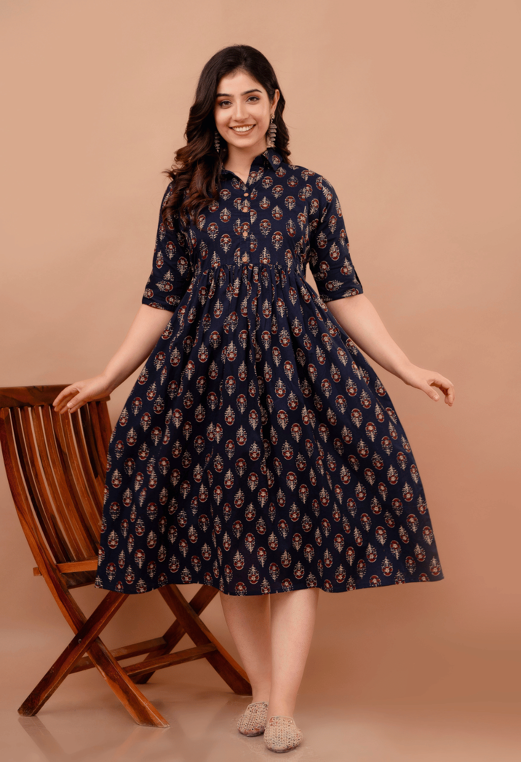 Navy Blue Buta Printed Collared Viscose Rayon Maternity & Feeding Midi Dress