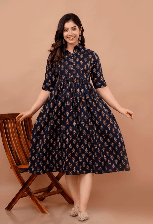 Navy Blue Buta Printed Collared Viscose Rayon Maternity & Feeding Midi Dress