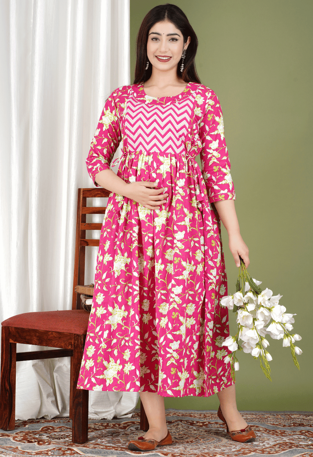 Pink Floral Printed Viscose Rayon Maternity & Feeding Midi Dress