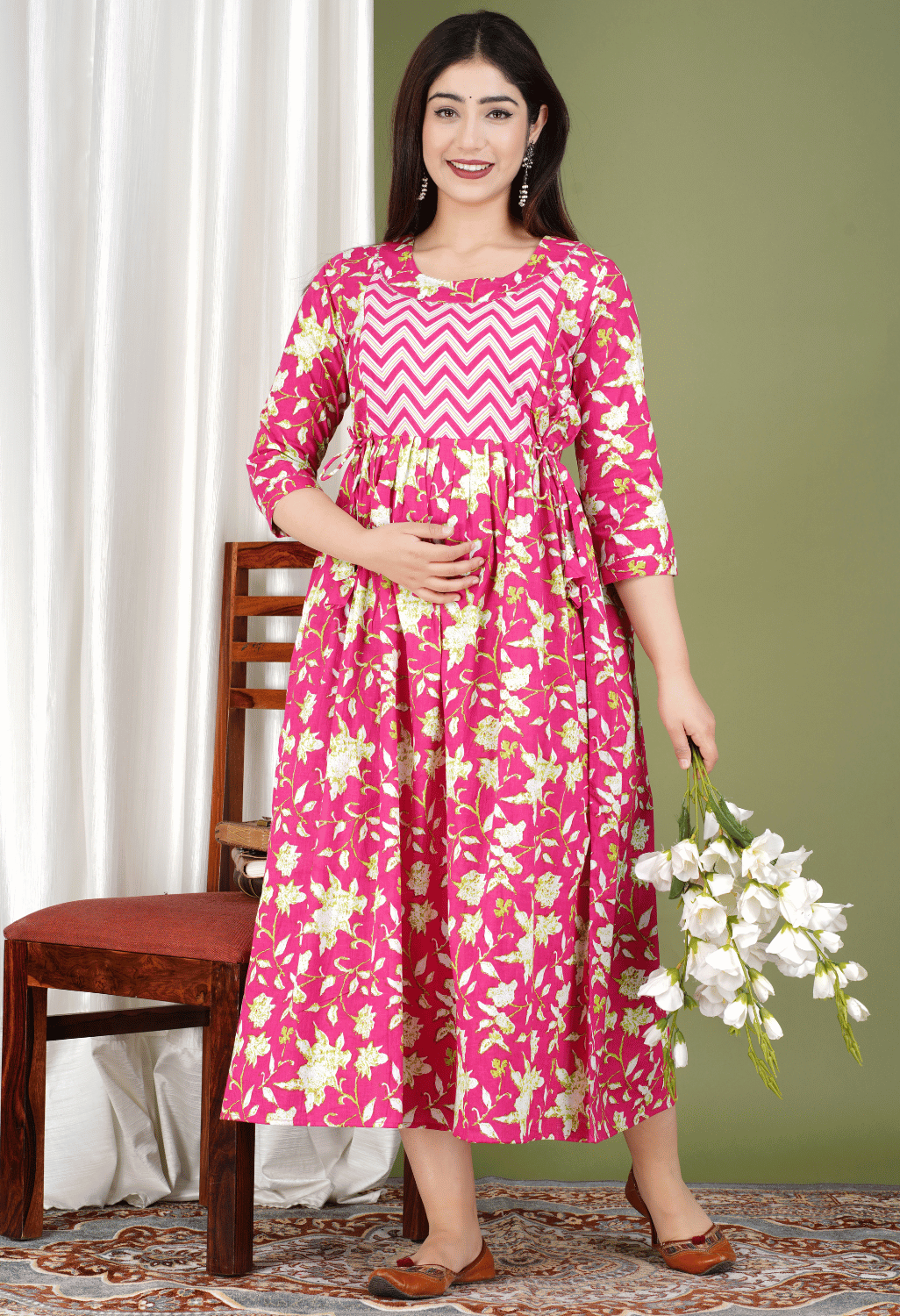 Pink Floral Printed Viscose Rayon Maternity & Feeding Midi Dress