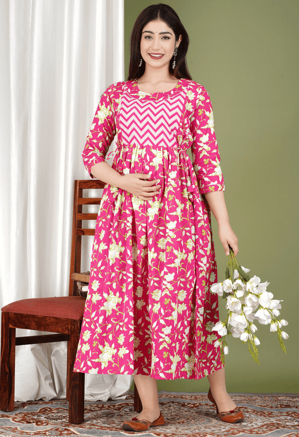 Pink Floral Printed Viscose Rayon Maternity & Feeding Midi Dress