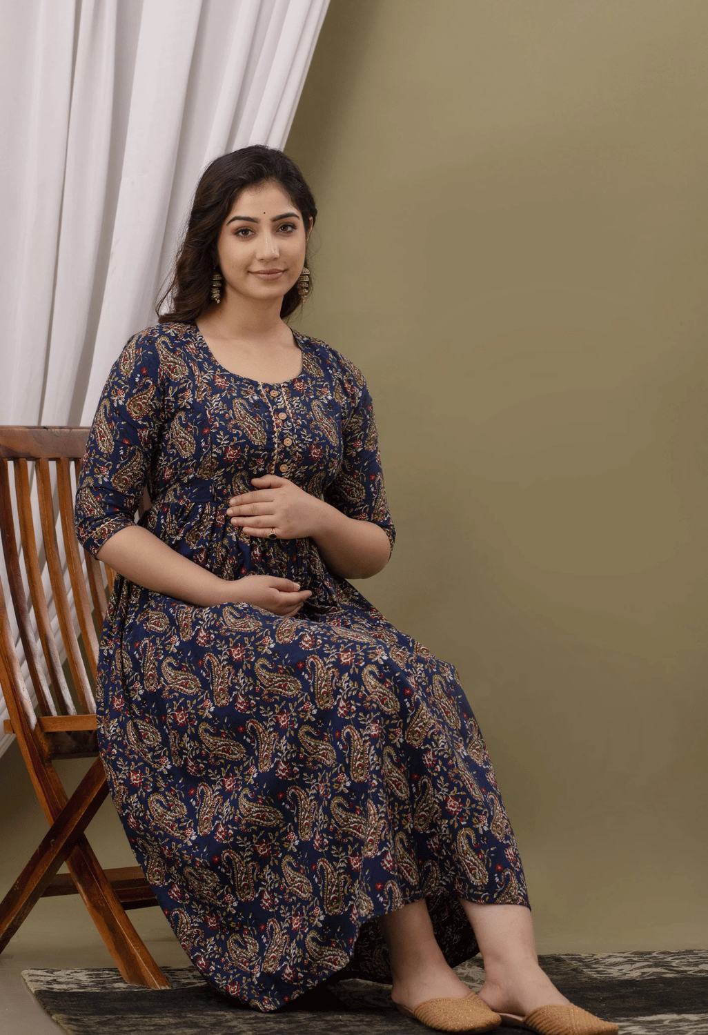 Navy Blue Paisley Printed Viscose Rayon Maternity & Feeding Maxi Dress