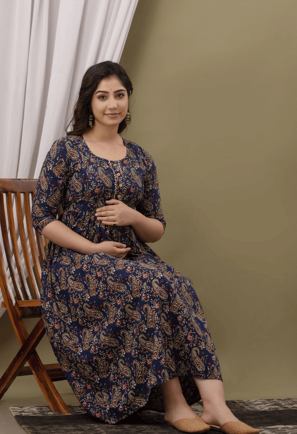 Navy Blue Paisley Printed Viscose Rayon Maternity & Feeding Maxi Dress