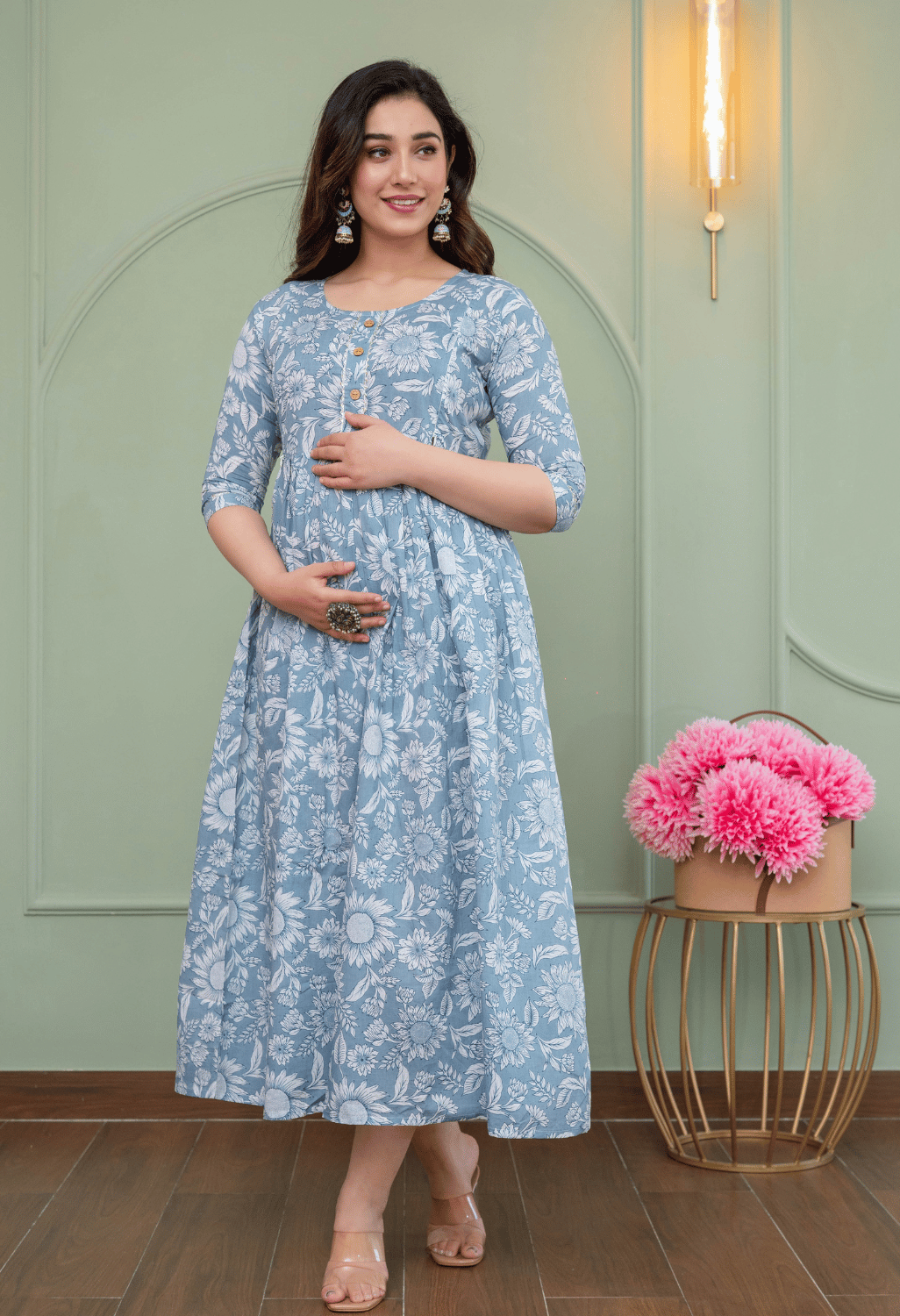 Grey Floral Printed Viscose Rayon Maternity & Feeding Maxi Dress