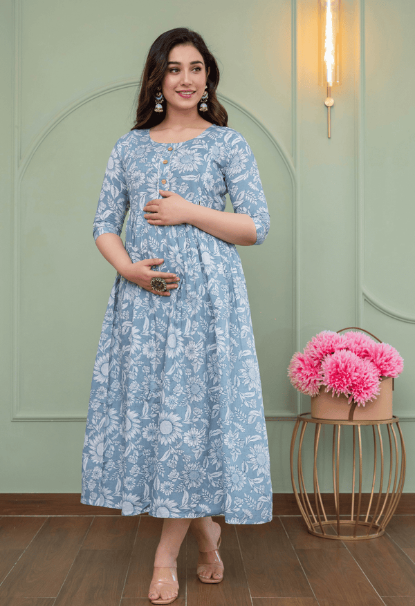 Grey Floral Printed Viscose Rayon Maternity & Feeding Maxi Dress