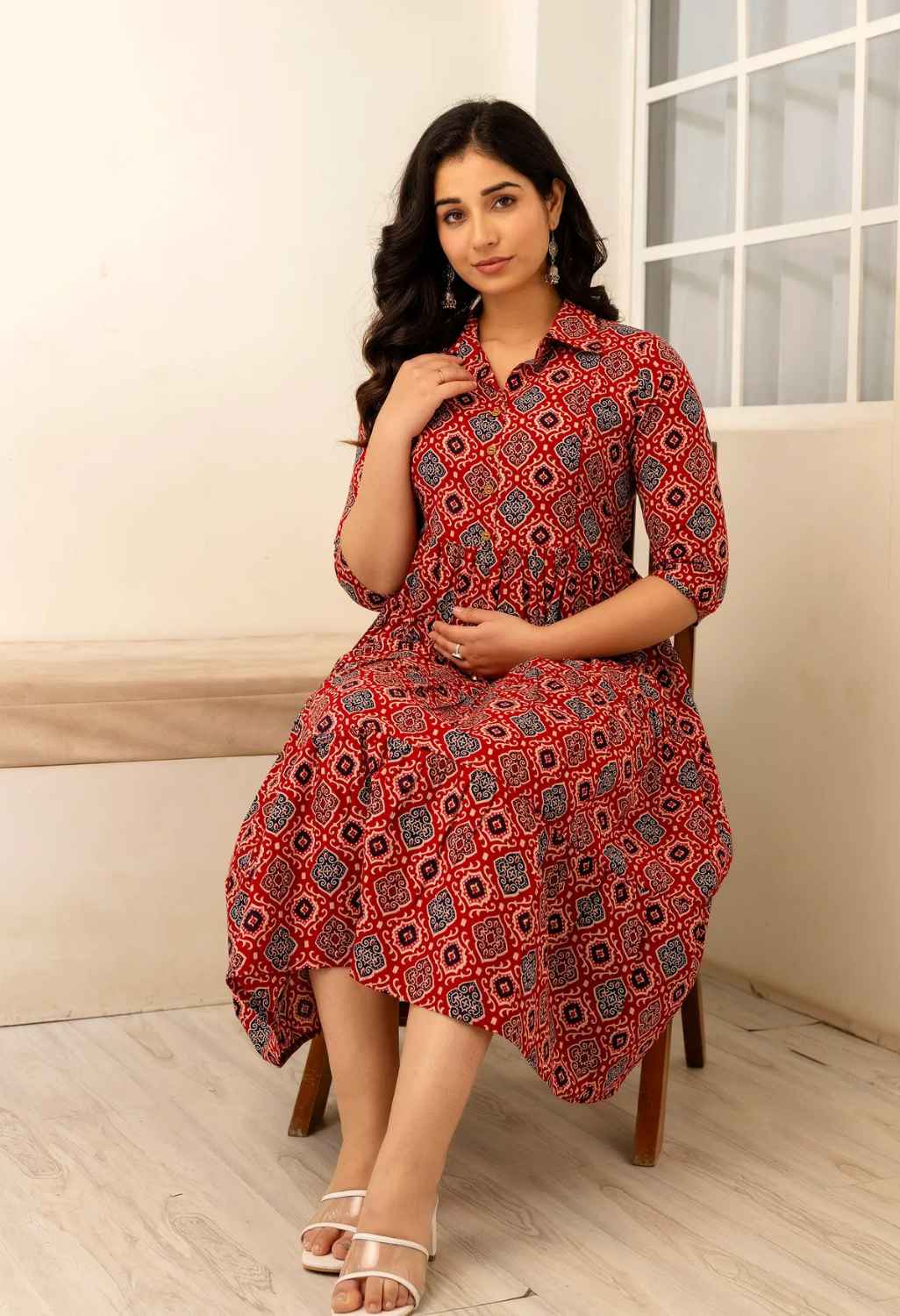Maroon Geometric Printed Collared Viscose Rayon Maternity & Feeding Midi Dress