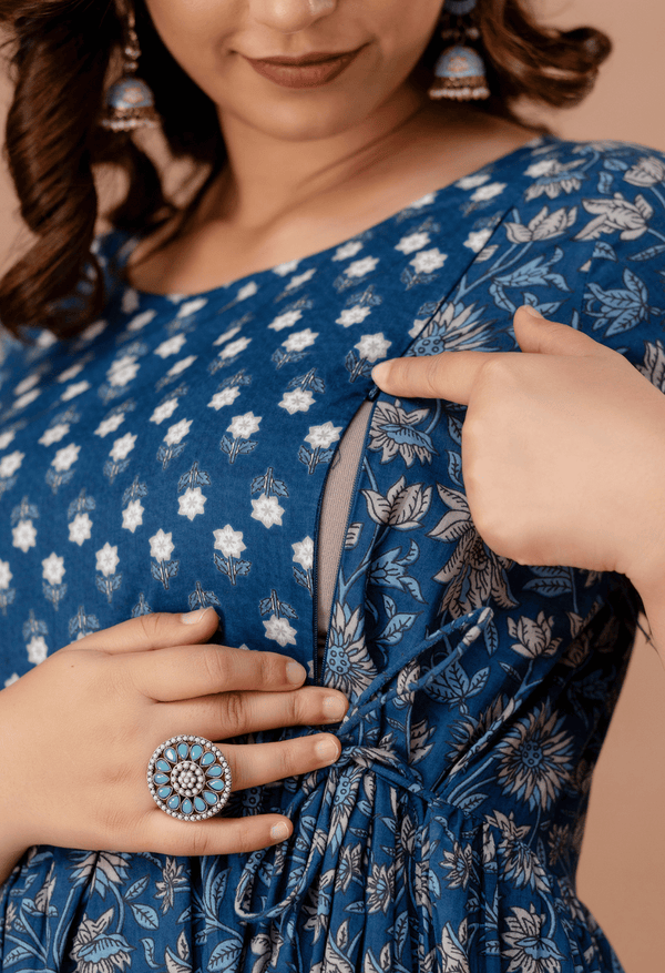Dusty Blue Floral Printed Viscose Rayon Maternity & Feeding Maxi Dress